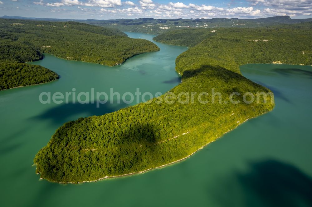 Aerial image Lect - Blue lake landscape in Lect in the province of Franche-Comté in France