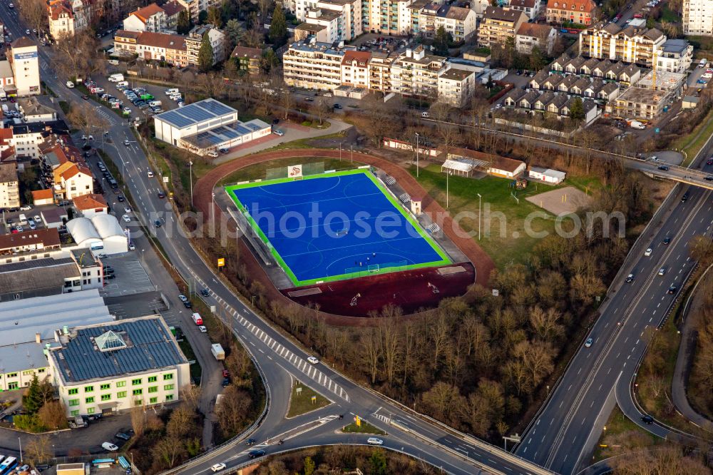 Aerial image Worms - Blue football pitch Jahnwiese in Worms in the state Rhineland-Palatinate, Germany