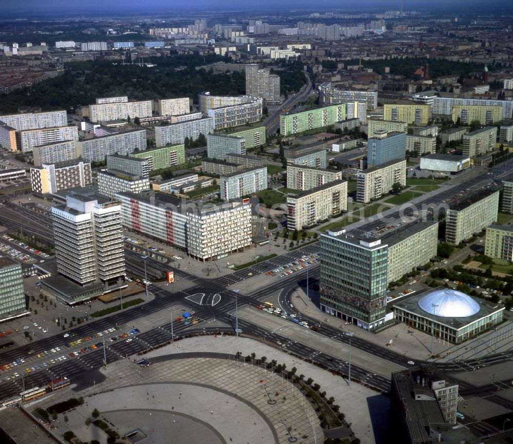 Aerial image Berlin - View from the Alexanderplatz in the direction of minor road in Berlin. On the left is the house of travel, at the Otto-Braun-Strasse. On the right is the house of the teacher and the Congress Hall