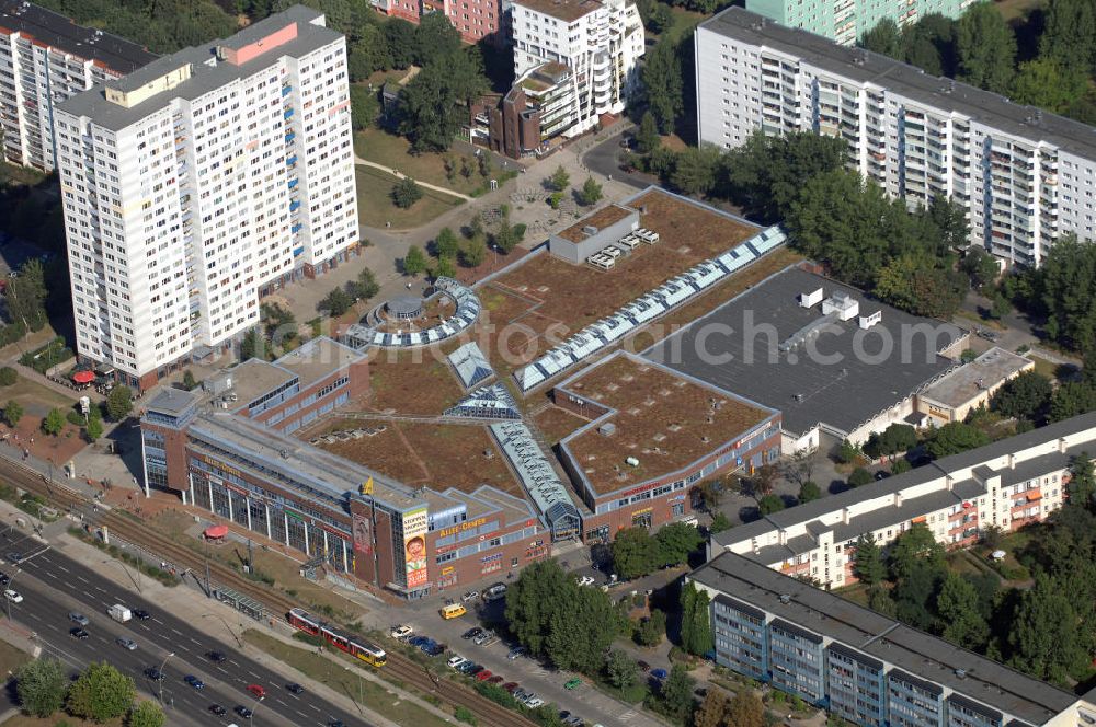 Aerial photograph Berlin - Blick auf das Allee-Center in Berlin-Lichtenberg. Auf 12.300qm werden 50 Fachgeschäfte, Discounter, Gastronomie u.ä. angeboten. Adresse: Center-Management, Landsberger Allee 277, 13055 Berlin, Tel. +49 (0)30 97 100 10, Fax +49 (0)30 97 100 166