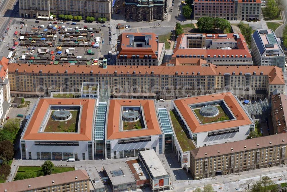 Aerial photograph Dresden - Blick auf die Altmarkt-Galerie in der Dresdner Altstadt. Die Altmarkt-Galerie ist ein Projekt der ECE Projektmanagement GmbH und Co. KG. Kontakt: ECE-CENTERMANAGEMENT: Altmarkt-Galerie Dresden, Center-Management, Webergasse 1, 01067 Dresden, Telefon: 0351 482040, Fax: 0351 4820499, email: service@altmarkt-galerie-dresden.de,