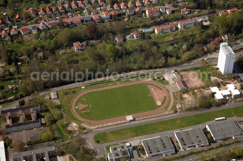 Aerial image Suhl - Blick auf das Aue-Stadion in Suhl. Es befindet sich im Suhler Stadtteil Aue und ist Heimat des 1. Suhler SV 06, ehemals Motor Suhl.