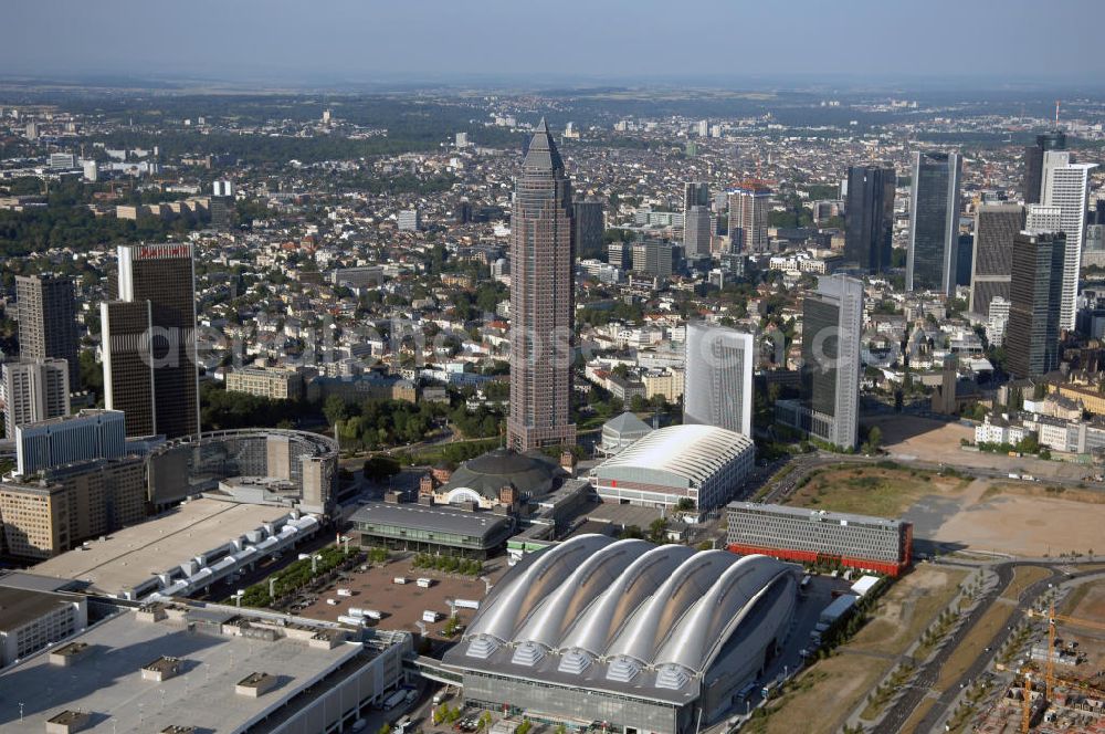 Aerial image Frankfurt am Main - Blick auf das Messe- und Ausstellungsgelände mit Congress- und Festhalle sowie mit dem Messeturm. Im Westen des Geländes ensteht zur Zeit die neue Halle 11. Der Bau wird begleitet mit Webcams und Events. Frankfurt ist der drittgrößte Messeplatz der Welt. Adresse: Messe Frankfurt GmbH, Ludwig-Erhard-Anlage 1, 60327 Frankfurt a. M., Tel. +49 (0)69 75 75 0, Fax +49 (0)69 75 75 64 33