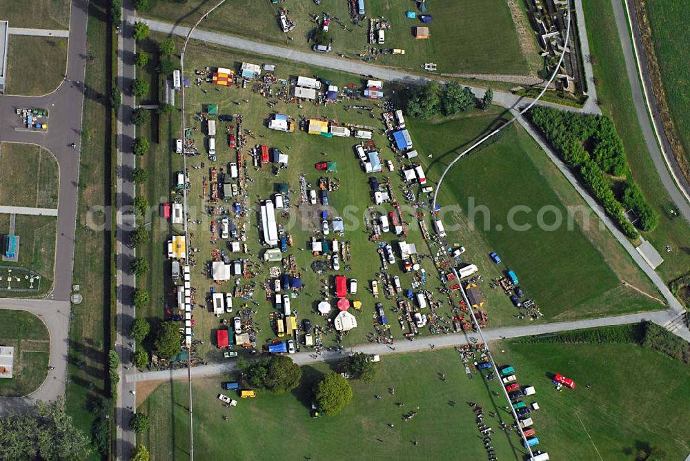 Magdeburg from above - Blick auf die Ausstellungsfläche der 8. OMMMA 2006, der Ostmobilmeeting in Magdeburgs Elbauenpark, welche sich zu einem etablierten Treffen in der Szene gemausert hat.IFA Freunde Sachsen-Anhalt e.V., vertreten durch Uwe Wilk (Vereinsvorsitzender), Hegelstr. 35 39104 Magdeburg, Tel.: (0160) 661 - 30 07 EMail: info@ifa-freunde-sachsen-anhalt-ev.de, http://