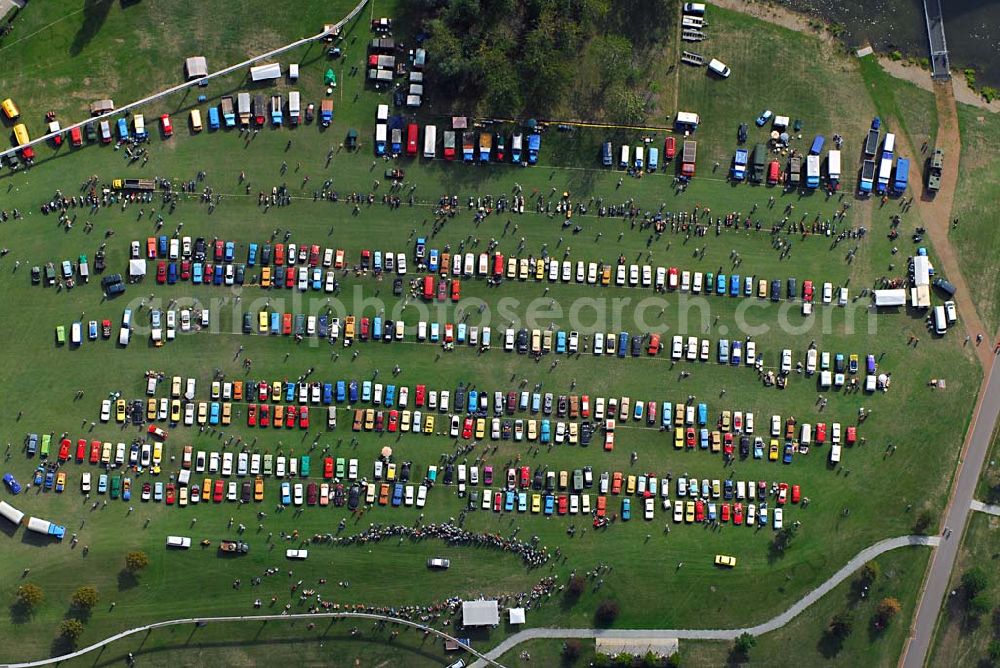 Aerial image Magdeburg - Blick auf die Ausstellungsfläche der 8. OMMMA 2006, der Ostmobilmeeting in Magdeburgs Elbauenpark, welche sich zu einem etablierten Treffen in der Szene gemausert hat.IFA Freunde Sachsen-Anhalt e.V., vertreten durch Uwe Wilk (Vereinsvorsitzender), Hegelstr. 35 39104 Magdeburg, Tel.: (0160) 661 - 30 07 EMail: info@ifa-freunde-sachsen-anhalt-ev.de, http://