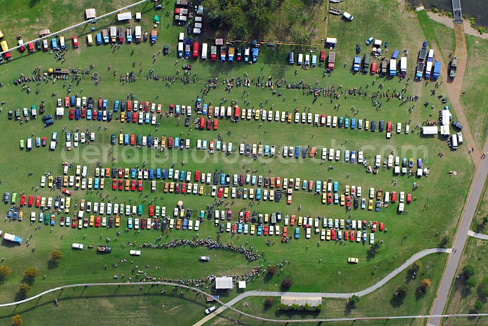 Magdeburg from above - Blick auf die Ausstellungsfläche der 8. OMMMA 2006, der Ostmobilmeeting in Magdeburgs Elbauenpark, welche sich zu einem etablierten Treffen in der Szene gemausert hat.IFA Freunde Sachsen-Anhalt e.V., vertreten durch Uwe Wilk (Vereinsvorsitzender), Hegelstr. 35 39104 Magdeburg, Tel.: (0160) 661 - 30 07 EMail: info@ifa-freunde-sachsen-anhalt-ev.de, http://