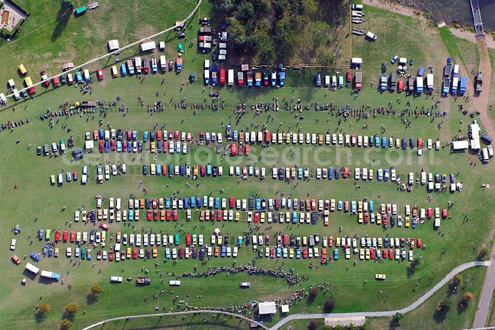 Magdeburg from the bird's eye view: Blick auf die Ausstellungsfläche der 8. OMMMA 2006, der Ostmobilmeeting in Magdeburgs Elbauenpark, welche sich zu einem etablierten Treffen in der Szene gemausert hat.IFA Freunde Sachsen-Anhalt e.V., vertreten durch Uwe Wilk (Vereinsvorsitzender), Hegelstr. 35 39104 Magdeburg, Tel.: (0160) 661 - 30 07 EMail: info@ifa-freunde-sachsen-anhalt-ev.de, http://