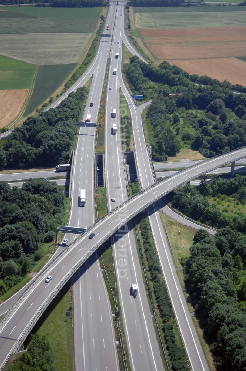 Aerial photograph Elchingen - Blick auf das Autobahnkreuz Ulm / Elchingen. Hier treffen sich die Bundesautobahnen A7 und A8.