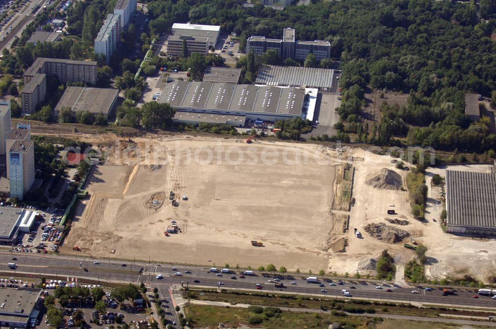 Aerial image Berlin - Blick auf das im Bau befindliche IKEA-Einrichtungshaus in Berlin-Lichtenberg. Diese Filiale soll mit 44.000 qm das zweitgrößte Einrichtungshaus des Konzerns werden. Es werden 60 Mio. Euro investiert. Adresse: IKEA Deutschland Verkaufs-GmbH, Am Wan dersmann 2-4. 65719 Hofheim-Wallau, Tel. +49 (0)0180 53534 35, Fax +49 (0)0180 53534 36, Email: ausk@memo.ikea.com