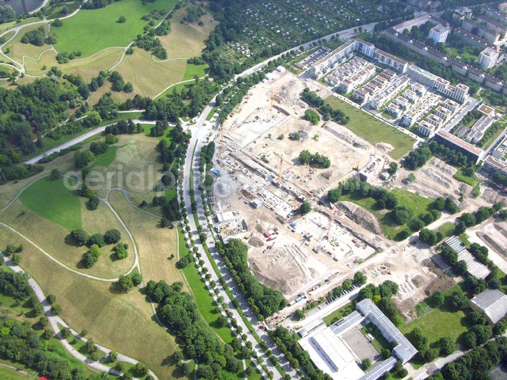 Aerial image München / Bayern - Blick auf das Baugelände des Wohngebietes Olympiapark. Bei CONCEPTBAUGOLD leben Sie direkt am Olympiapark! Wohnen Sie in der besten Ausgangslage .Beim Ackermannbogen in Schwabing kommt das Beste zum Schluss: Mit CONCEPTBAUGOLD wird das letzte Grundstück direkt am Olympiapark bebaut. Beratungspavillion vor Ort: Ackermannstr. 49, 80797 München Mo-So 14.00 - 18.00 Uhr Anruf zum Ortstarif: Telefon: 01801. 266 277, Fax: 089.350 949-41, gold@conceptbau.de