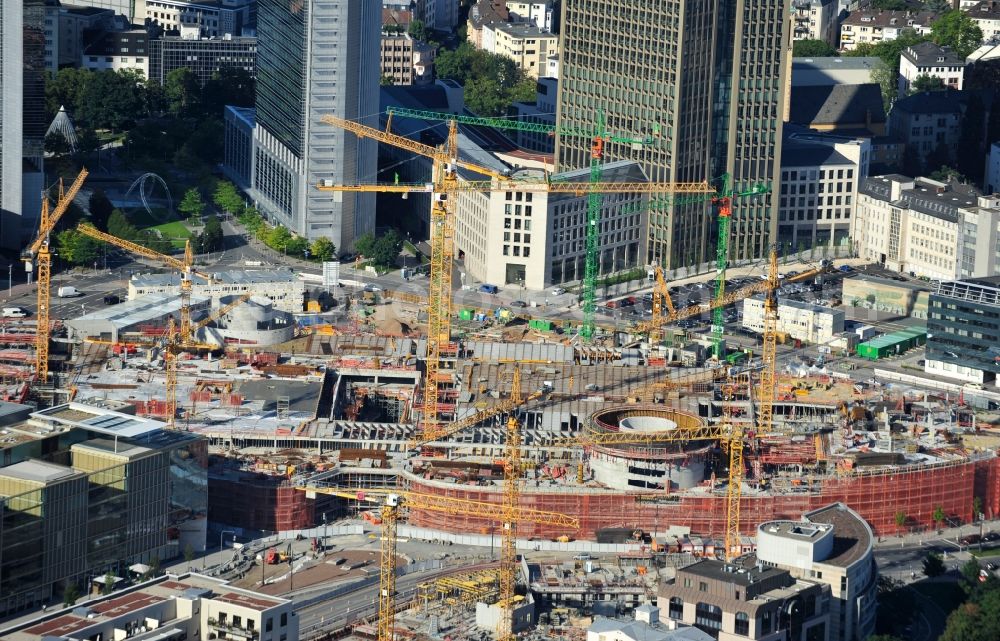 Aerial image Frankfurt am Main - View of the construction site of the shopping center of the complex Skyline Plaza in Frankfurt. The construction began in June 2011, the opening is scheduled for autumn 2013. The building, which will cost € 320 million and have a sales area of 38,000 square kilometers, is designed of the shopping center specialist ECE Group and CA Immo. It is built by the Max Bögl Construction GmbH & Co in cooperation with bam Deutschland. KG. The architects office Jourdan and Müller also plans, in addition to the undulating facade of the five-storey building, Frankfurt's largest beer garden on the roof of the shopping center