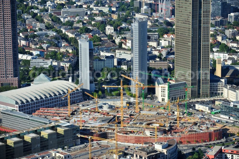 Aerial photograph Frankfurt am Main - View of the construction site of the shopping center of the complex Skyline Plaza in Frankfurt. The construction began in June 2011, the opening is scheduled for autumn 2013. The building, which will cost € 320 million and have a sales area of 38,000 square kilometers, is designed of the shopping center specialist ECE Group and CA Immo. It is built by the Max Bögl Construction GmbH & Co in cooperation with bam Deutschland. KG. The architects office Jourdan and Müller also plans, in addition to the undulating facade of the five-storey building, Frankfurt's largest beer garden on the roof of the shopping center