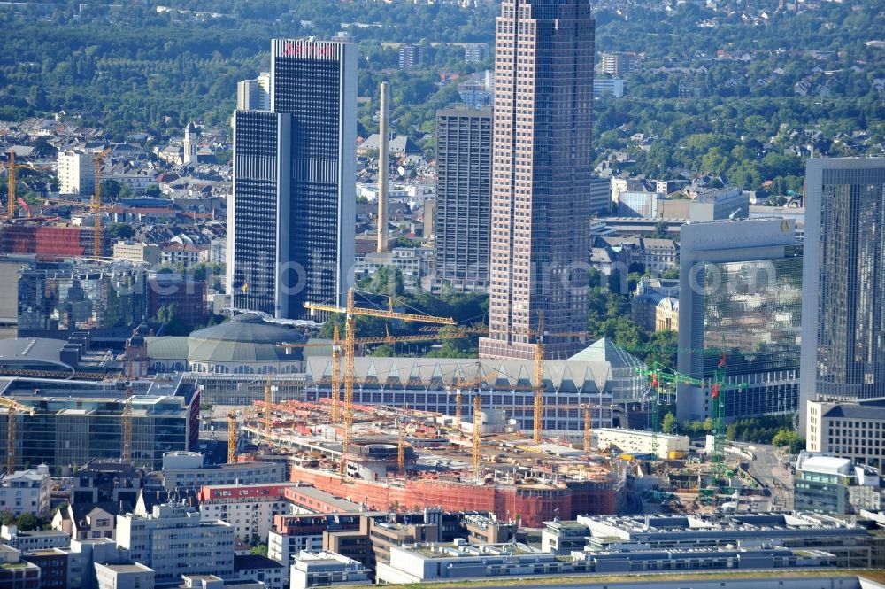 Aerial image Frankfurt am Main - View of the construction site of the shopping center of the complex Skyline Plaza in Frankfurt. The construction began in June 2011, the opening is scheduled for autumn 2013. The building, which will cost € 320 million and have a sales area of 38,000 square kilometers, is designed of the shopping center specialist ECE Group and CA Immo. It is built by the Max Bögl Construction GmbH & Co in cooperation with bam Deutschland. KG. The architects office Jourdan and Müller also plans, in addition to the undulating facade of the five-storey building, Frankfurt's largest beer garden on the roof of the shopping center