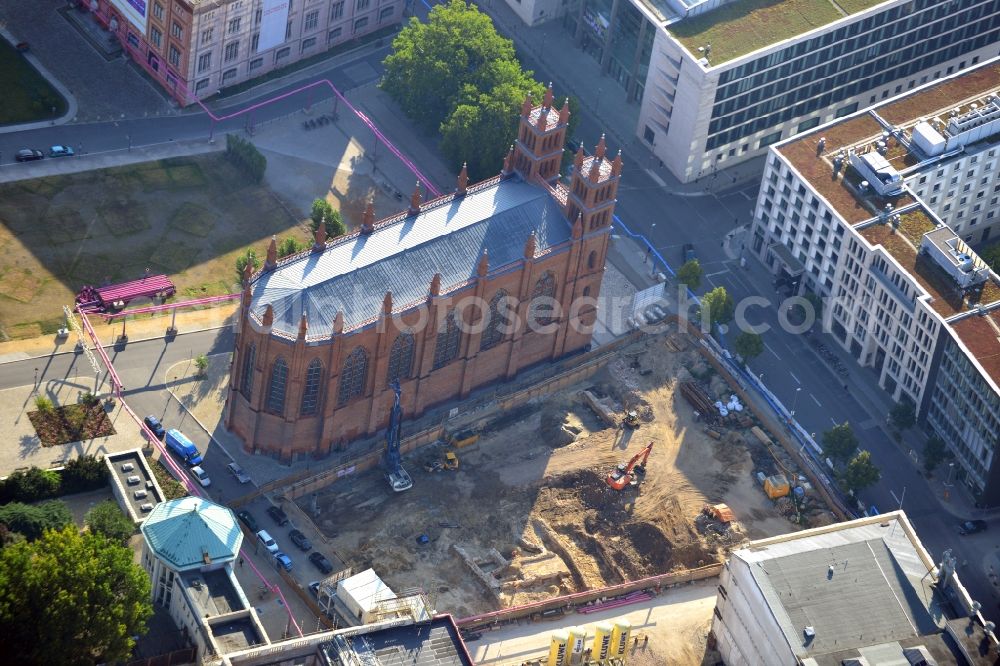 Berlin from above - View of construction site of the Kronprinzengärten in Berlin-Mitte. On the area between the Federal Foreign Office, the Kronprinzenpalais, the Friedrichswerder Church and the Oberwallstreet created an exclusive building complex of luxury apartments. This new project is implemented by the Bauwert Investment Group