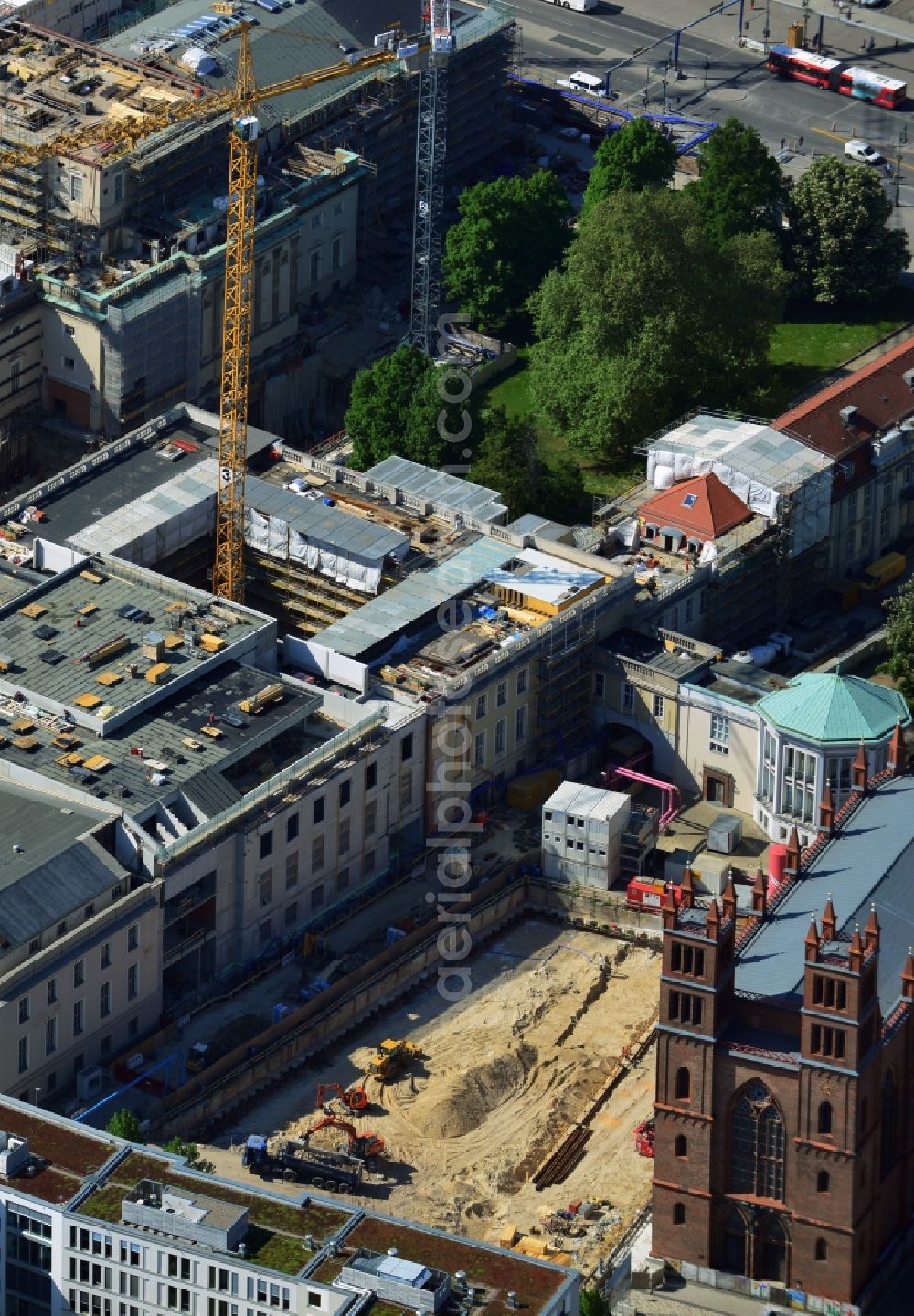 Berlin from above - View of construction site of the Kronprinzengärten in Berlin-Mitte. On the area between the Federal Foreign Office, the Kronprinzenpalais, the Friedrichswerder Church and the Oberwallstreet created an exclusive building complex of luxury apartments. This new project is implemented by the Bauwert Investment Group