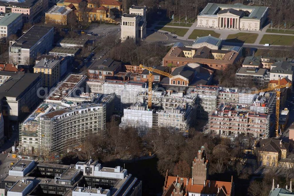 Aerial image München - Blick auf die Baustelle der Lenbach Gärten, einem urbanen Wohn- und Geschäftshauskpmplex südlich Abtei und Pfarrei St. Bonifaz. Ein Projekt der FRANKONIA Eurobau AG,Hübeck 5,41334 Nettetal,Tel. 02158-91 53 30,Fax 02158-84 77,Mail: info@frankonia-nettetal.de,