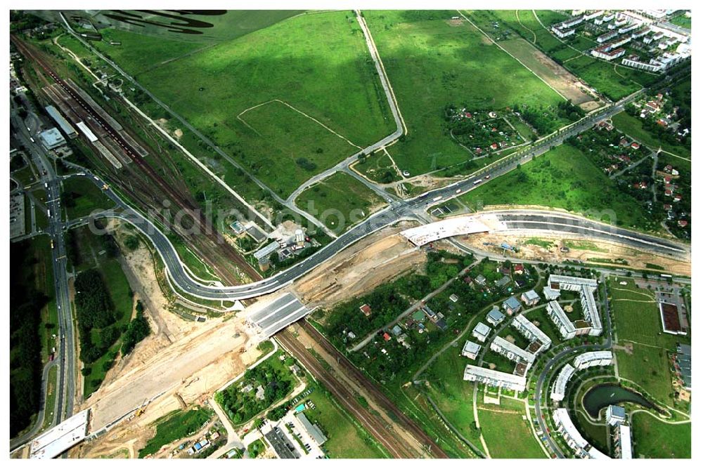 Schönefeld from the bird's eye view: 08.06.2005 Blick auf die fertig gestellte Zufahrtbrücke am Stadtautobahnzubringer am S-Bahnhof Berlin-Schönefeld. Ein Projekt der Schälerbau Berlin GmbH Baustelle der Schälerbau Berlin GmbH