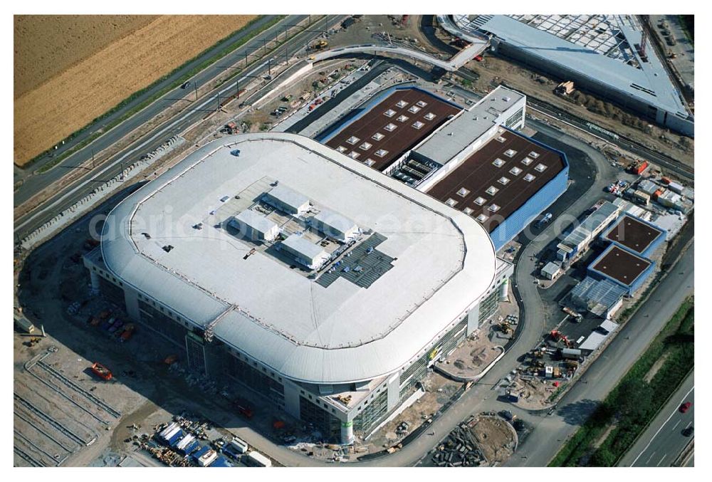 Aerial image Mannheim / Baden Württemberg - Blick auf die Baustelle der Mannheim Arena am Flughafen Mannheim SAP ARENA Betriebsgesellschaft der Multifunktionsarena Mannheim mbH & Co. KG/Verwaltungsstelle Bergheimer Straße 89/1, 69115 Heidelberg Te.:+49 (0) 62 21 - 4 32 06 - 0, Fax.:+49 (0) 62 21 - 4 32 06 - 32 info@saparena.de Anschrift ab September 2005: Xaver-Fuhr-Straße 150, 68163 Mannheim