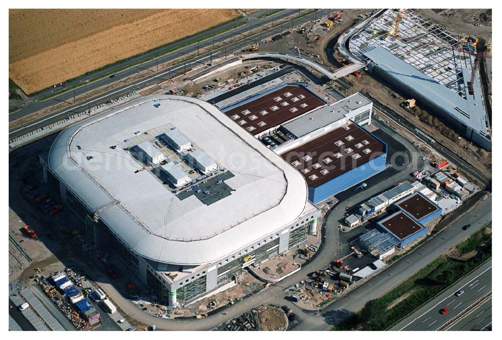 Aerial photograph Mannheim / Baden Württemberg - Blick auf die Baustelle der Mannheim Arena am Flughafen Mannheim SAP ARENA Betriebsgesellschaft der Multifunktionsarena Mannheim mbH & Co. KG/Verwaltungsstelle Bergheimer Straße 89/1, 69115 Heidelberg Te.:+49 (0) 62 21 - 4 32 06 - 0, Fax.:+49 (0) 62 21 - 4 32 06 - 32 info@saparena.de Anschrift ab September 2005: Xaver-Fuhr-Straße 150, 68163 Mannheim