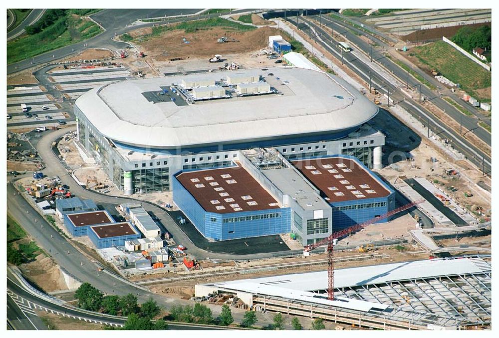 Aerial photograph Mannheim / Baden Württemberg - Blick auf die Baustelle der Mannheim Arena am Flughafen Mannheim SAP ARENA Betriebsgesellschaft der Multifunktionsarena Mannheim mbH & Co. KG/Verwaltungsstelle Bergheimer Straße 89/1, 69115 Heidelberg Te.:+49 (0) 62 21 - 4 32 06 - 0, Fax.:+49 (0) 62 21 - 4 32 06 - 32 info@saparena.de Anschrift ab September 2005: Xaver-Fuhr-Straße 150, 68163 Mannheim