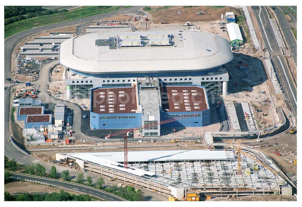 Mannheim / Baden Württemberg from the bird's eye view: Blick auf die Baustelle der Mannheim Arena am Flughafen Mannheim SAP ARENA Betriebsgesellschaft der Multifunktionsarena Mannheim mbH & Co. KG/Verwaltungsstelle Bergheimer Straße 89/1, 69115 Heidelberg Te.:+49 (0) 62 21 - 4 32 06 - 0, Fax.:+49 (0) 62 21 - 4 32 06 - 32 info@saparena.de Anschrift ab September 2005: Xaver-Fuhr-Straße 150, 68163 Mannheim