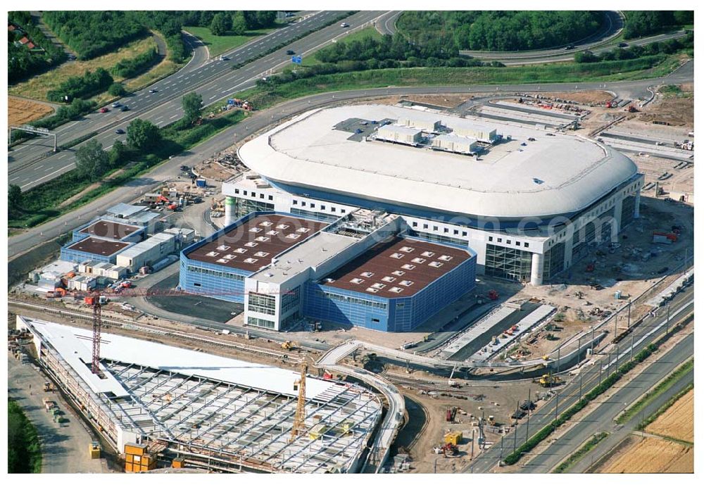 Aerial image Mannheim / Baden Württemberg - Blick auf die Baustelle der Mannheim Arena am Flughafen Mannheim SAP ARENA Betriebsgesellschaft der Multifunktionsarena Mannheim mbH & Co. KG/Verwaltungsstelle Bergheimer Straße 89/1, 69115 Heidelberg Te.:+49 (0) 62 21 - 4 32 06 - 0, Fax.:+49 (0) 62 21 - 4 32 06 - 32 info@saparena.de Anschrift ab September 2005: Xaver-Fuhr-Straße 150, 68163 Mannheim