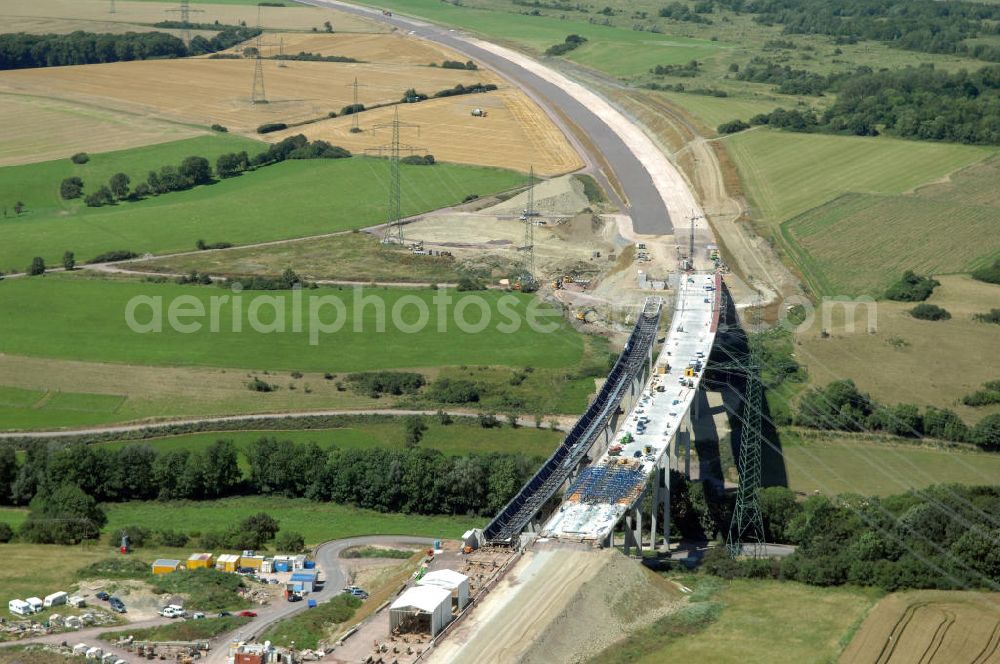 Aerial image Ettenhausen - Blick auf die Baustelle der neuen Nessetalbrücke mit einer Länge von 380 m. Die Brücke ist Teil des Projekt Nordverlegung / Umfahrung Hörselberge der Autobahn E40 / A4 in Thüringen bei Eisenach. Durchgeführt werden die im Zuge dieses Projektes notwendigen Arbeiten unter an derem von den Mitarbeitern der Niederlassung Weimar der EUROVIA Verkehrsbau Union sowie der Niederlassungen Abbruch und Erdbau, Betonstraßenbau, Ingenieurbau und TECO Schallschutz der EUROVIA Beton sowie der DEGES.