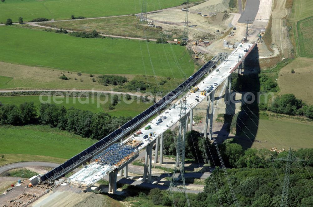 Aerial image Ettenhausen - Blick auf die Baustelle der neuen Nessetalbrücke mit einer Länge von 380 m. Die Brücke ist Teil des Projekt Nordverlegung / Umfahrung Hörselberge der Autobahn E40 / A4 in Thüringen bei Eisenach. Durchgeführt werden die im Zuge dieses Projektes notwendigen Arbeiten unter an derem von den Mitarbeitern der Niederlassung Weimar der EUROVIA Verkehrsbau Union sowie der Niederlassungen Abbruch und Erdbau, Betonstraßenbau, Ingenieurbau und TECO Schallschutz der EUROVIA Beton sowie der DEGES.