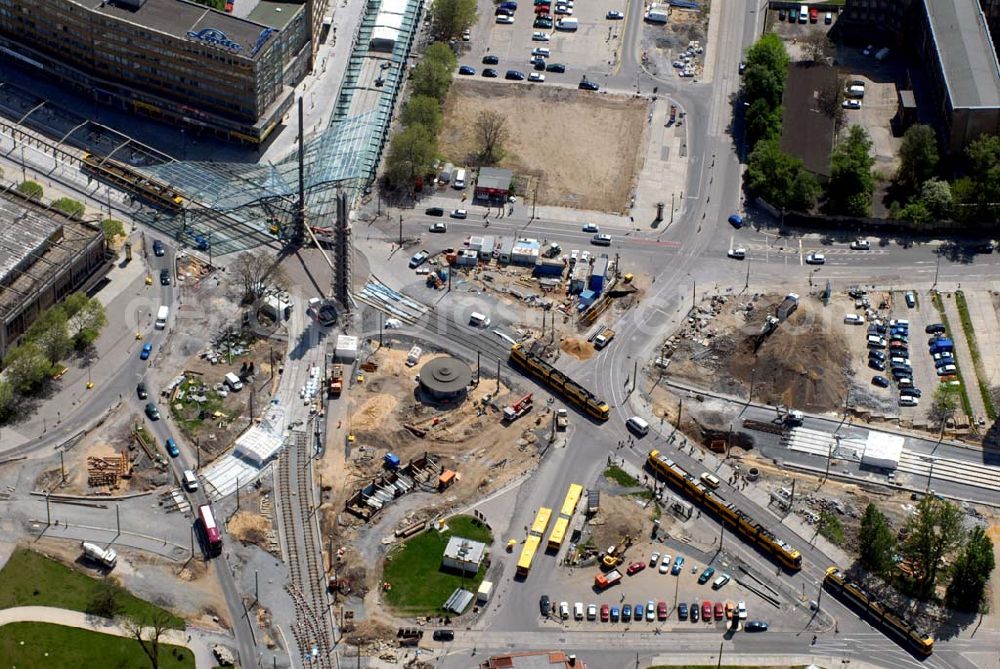 Aerial image Dresden - Blick auf die Baustelle auf dem Postplatz in der Dresdner Altstadt. Hier soll ein neuer Verkehrsknotenpunkt entstehen. Im Mai 2005 wurde mit dem Bau begonnen. Bauherr sind die Dresdner Verkehrsbetriebe.