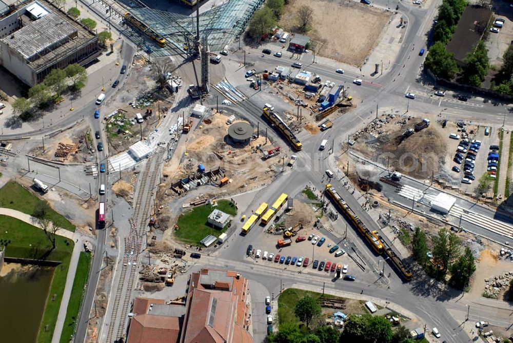 Aerial photograph Dresden - Blick auf die Baustelle auf dem Postplatz in der Dresdner Altstadt. Hier soll ein neuer Verkehrsknotenpunkt entstehen. Im Mai 2005 wurde mit dem Bau begonnen. Bauherr sind die Dresdner Verkehrsbetriebe.