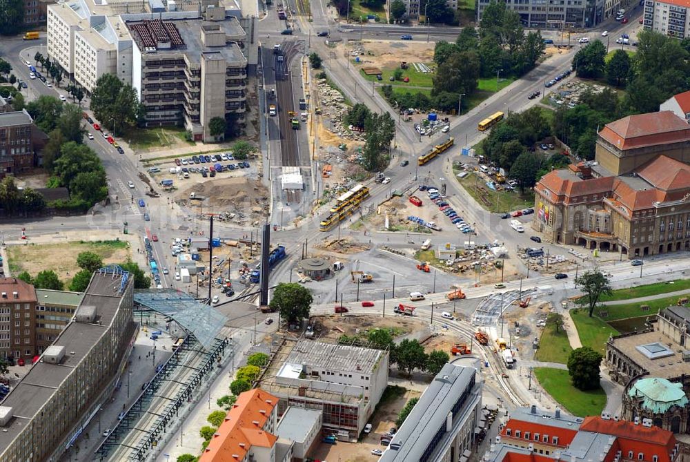 Dresden from the bird's eye view: Blick auf die Baustelle auf dem Postplatz in der Dresdner Altstadt. Hier soll ein neuer Verkehrsknotenpunkt entstehen. Im Mai 2005 wurde mit dem Bau begonnen. Bauherr sind die Dresdner Verkehrsbetriebe.