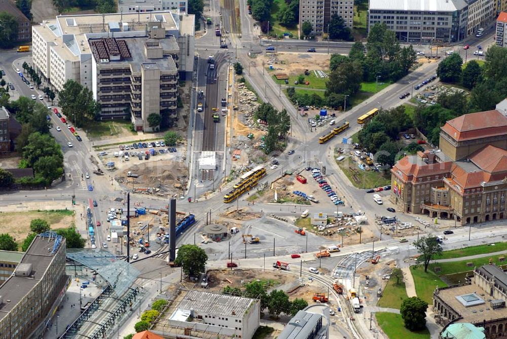 Aerial image Dresden - Blick auf die Baustelle auf dem Postplatz in der Dresdner Altstadt. Hier soll ein neuer Verkehrsknotenpunkt entstehen. Im Mai 2005 wurde mit dem Bau begonnen. Bauherr sind die Dresdner Verkehrsbetriebe.