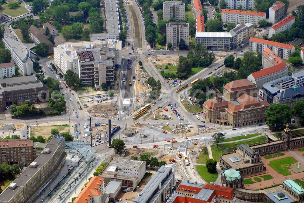 Aerial photograph Dresden - Blick auf die Baustelle auf dem Postplatz in der Dresdner Altstadt. Hier soll ein neuer Verkehrsknotenpunkt entstehen. Im Mai 2005 wurde mit dem Bau begonnen. Bauherr sind die Dresdner Verkehrsbetriebe.