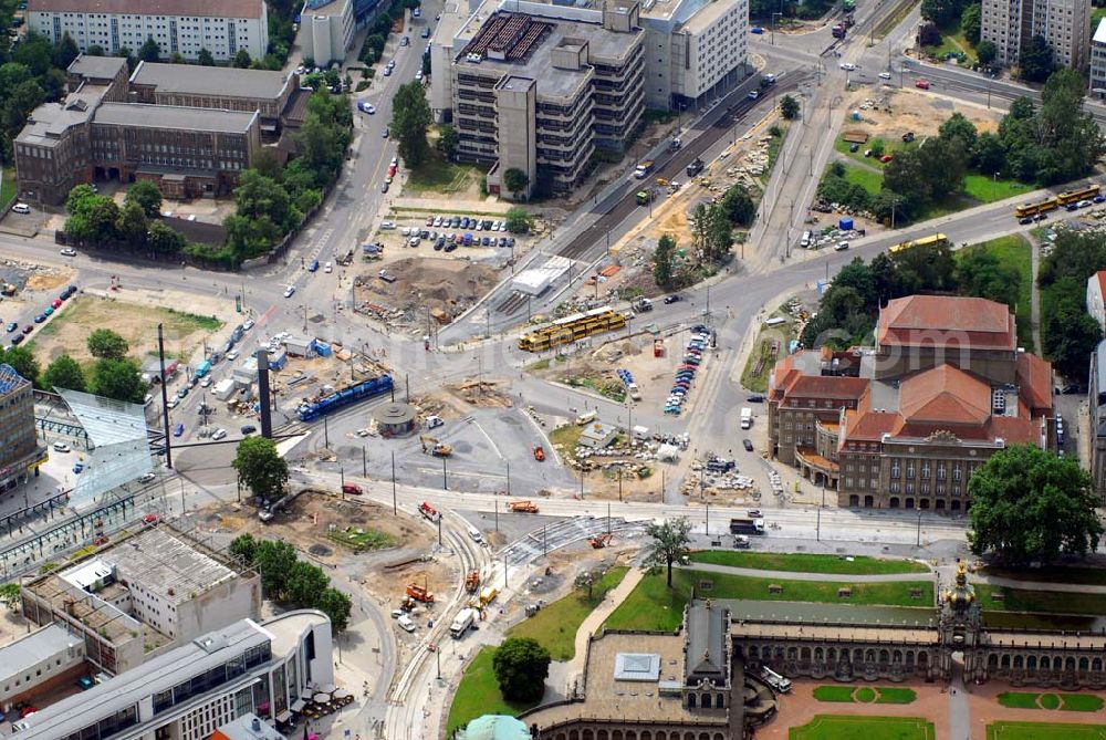 Dresden from above - Blick auf die Baustelle auf dem Postplatz in der Dresdner Altstadt. Hier soll ein neuer Verkehrsknotenpunkt entstehen. Im Mai 2005 wurde mit dem Bau begonnen. Bauherr sind die Dresdner Verkehrsbetriebe.