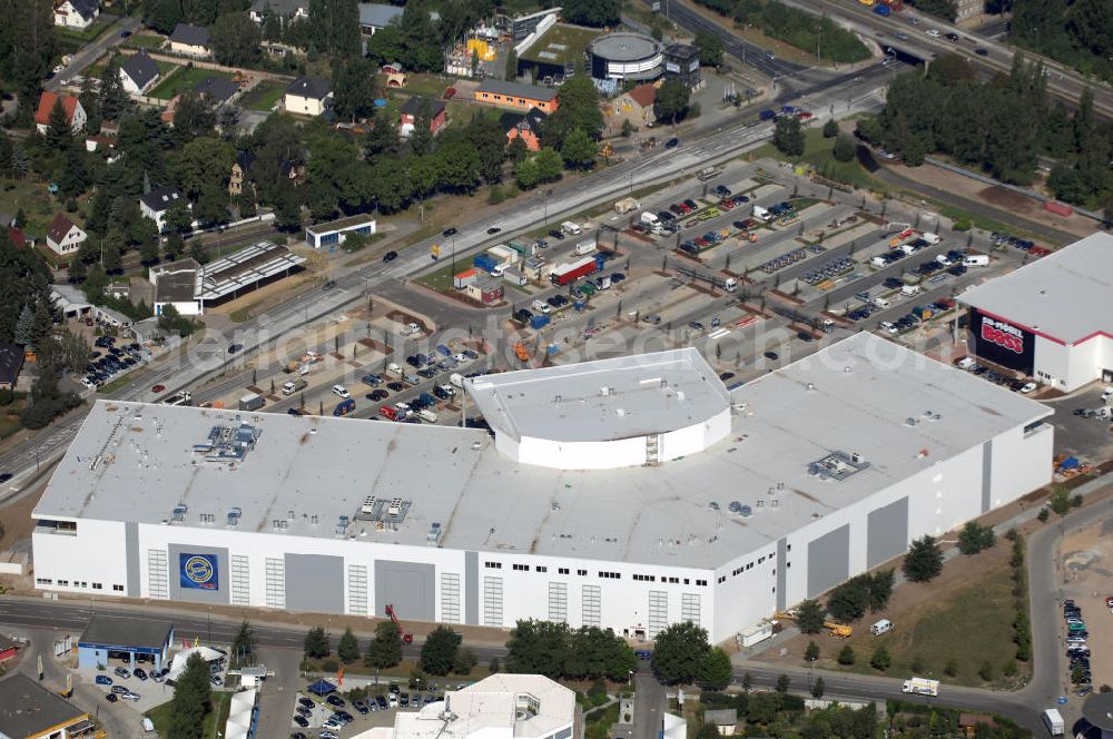 Aerial image Potsdam - Blick auf eine Baustelle in Potsdam-Drewitz. Hier entsteht bis August 2008 ein Einrichtungskomplex des Möbelhaus Porta und der Discounter Möbel Boss. Es sollen 250 Arbeitsplätze geschaffen werden und 50 Mio. Euro investiert werden. Kontakt: Porta Möbel Handelsgesellschaft mbH & Co. KG, Bakenweg 16 - 20, 32457 Porta Westfalica, Tel. +49 (0)5731 609 0