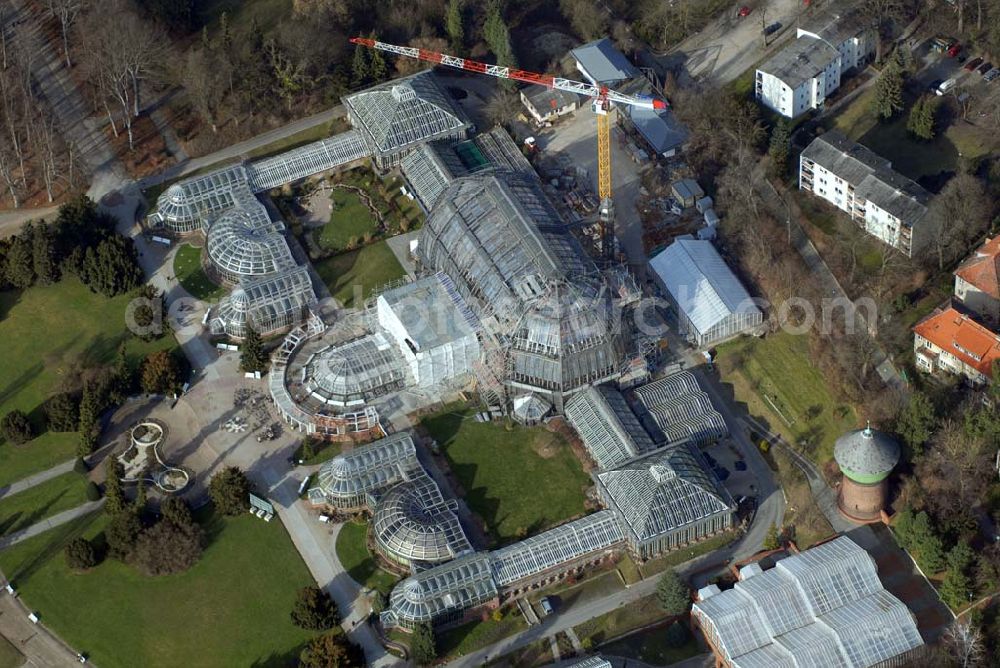 Aerial photograph Berlin - Dahlem - Blick auf die Baustelle zur Grundsanierung des 100 Jahre alten Wahrzeichens des Botanischen Garten Berlin-Dahlem,dem Großen Tropenhauses.Die Grundsanierung des Großen Tropenhauses war unumgänglich, da das denkmalgeschützte Wahrzeichen für Wissenschaft, Forschung und Lehre sowie für die breite Öffentlichkeit dauerhaft erhalten werden soll. Alle technischen Anlagen sind stark überaltert und entsprechend störanfällig. Das Ausfallrisiko und somit das Gefährdungspotential für die wertvolle Pflanzensammlung ist hoch. Funktionierende Regelungsmöglichkeiten im heutigen Sinne existierten nicht. Die kranartige Befahranlage zur Pflege der riesigen Pflanzen und zur Wartung der Glashülle von innen kann nicht mehr eingesetzt werden. Millionen feiner Haarrisse durchziehen die großflächigen Verglasungen. Seit August 2006 dauernd die bis zum Dezember 2008 geplanten Sanierungsarbeiten.Botanischer Garten und Botanisches Museum Berlin-Dahlem (BGBM) Zentraleinrichtung der Freien Universität Berlin,Königin-Luise-Str. 6-8, 14195 Berlin,Telefon: (+4930) 838-50100 http://