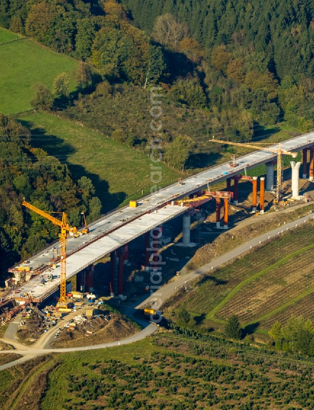 Bestwig from above - View on construction sites and new bridges on the highway expansion of A44 in Bestwig in North Rhine-Westphalia