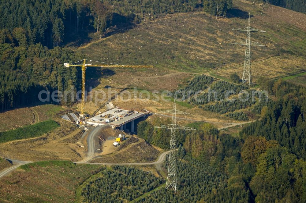 Bestwig from the bird's eye view: View on construction sites and new bridges on the highway expansion of A44 in Bestwig in North Rhine-Westphalia