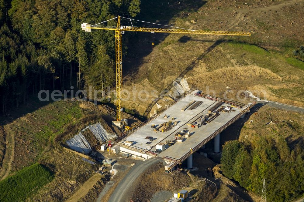 Aerial image Bestwig - View on construction sites and new bridges on the highway expansion of A44 in Bestwig in North Rhine-Westphalia