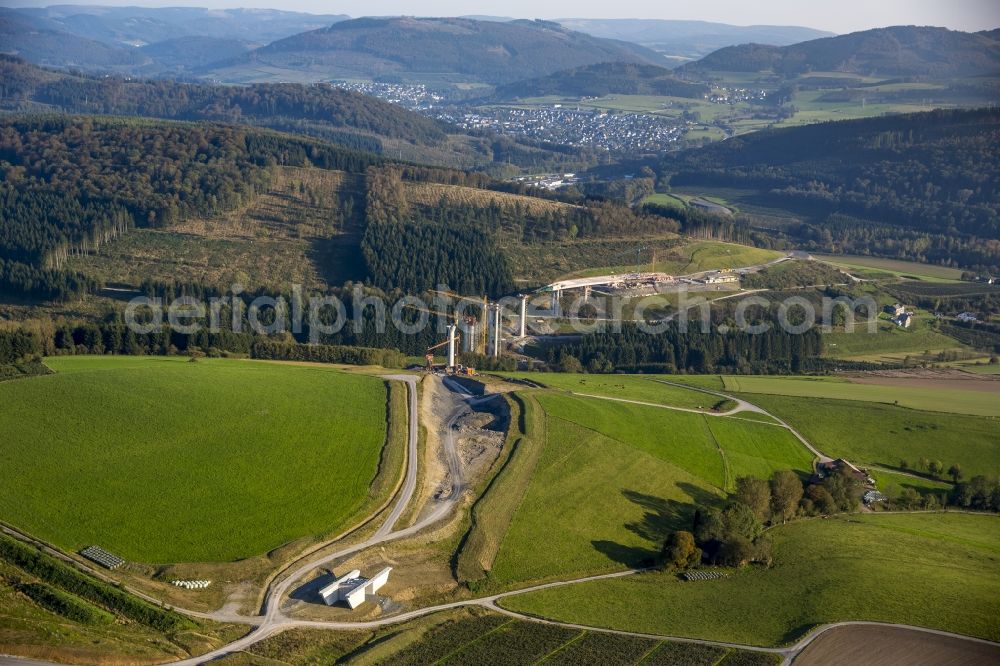 Bestwig from the bird's eye view: View on construction sites and new bridges on the highway expansion of A44 in Bestwig in North Rhine-Westphalia