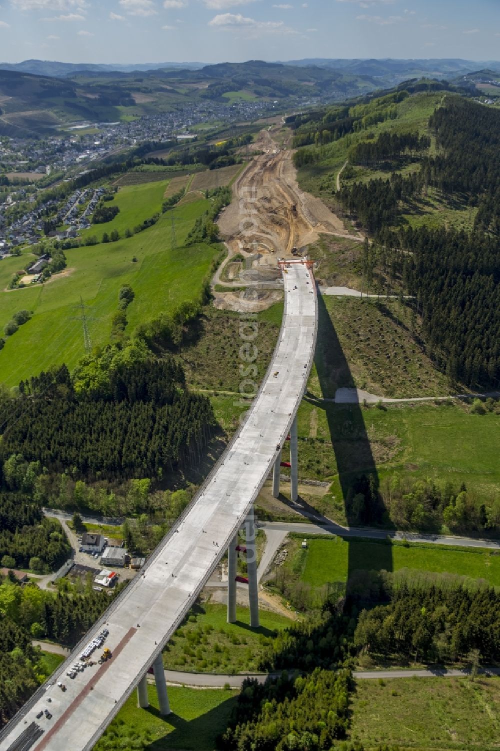 Aerial image Bestwig - View on construction sites and new bridges on the highway expansion of A44 in Bestwig in North Rhine-Westphalia