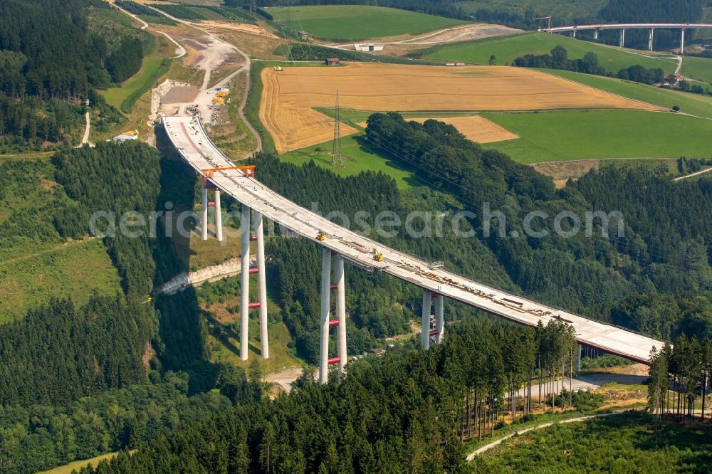 Bestwig from the bird's eye view: View on construction sites and new bridges on the highway expansion of A44 in Bestwig in North Rhine-Westphalia