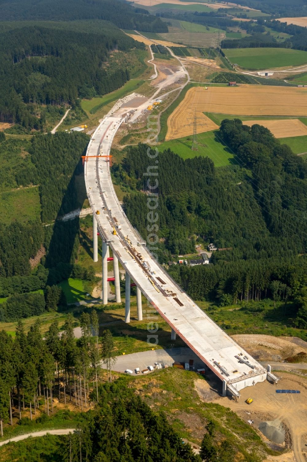 Aerial photograph Bestwig - View on construction sites and new bridges on the highway expansion of A44 in Bestwig in North Rhine-Westphalia