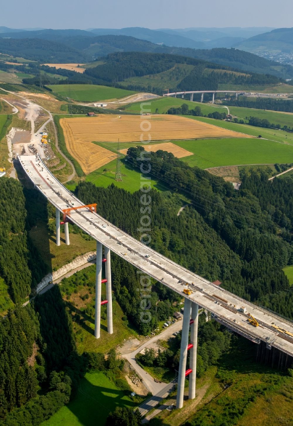 Aerial photograph Bestwig - View on construction sites and new bridges on the highway expansion of A44 in Bestwig in North Rhine-Westphalia