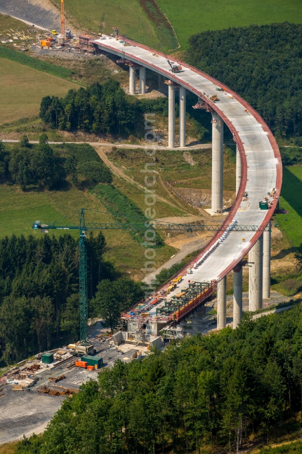 Bestwig from the bird's eye view: View on construction sites and new bridges on the highway expansion of A44 in Bestwig in North Rhine-Westphalia