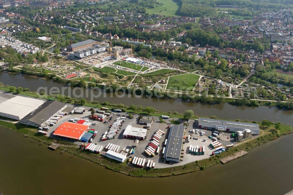 Aerial image Bamberg - View of the Bayernport in Bamberg in Bavaria. The harbor, which was opened in 1962, is located at the Main-Danube Canal and provides for the freight of nearly 3 million items per year. The port is also used as a domicile of about 75 companies