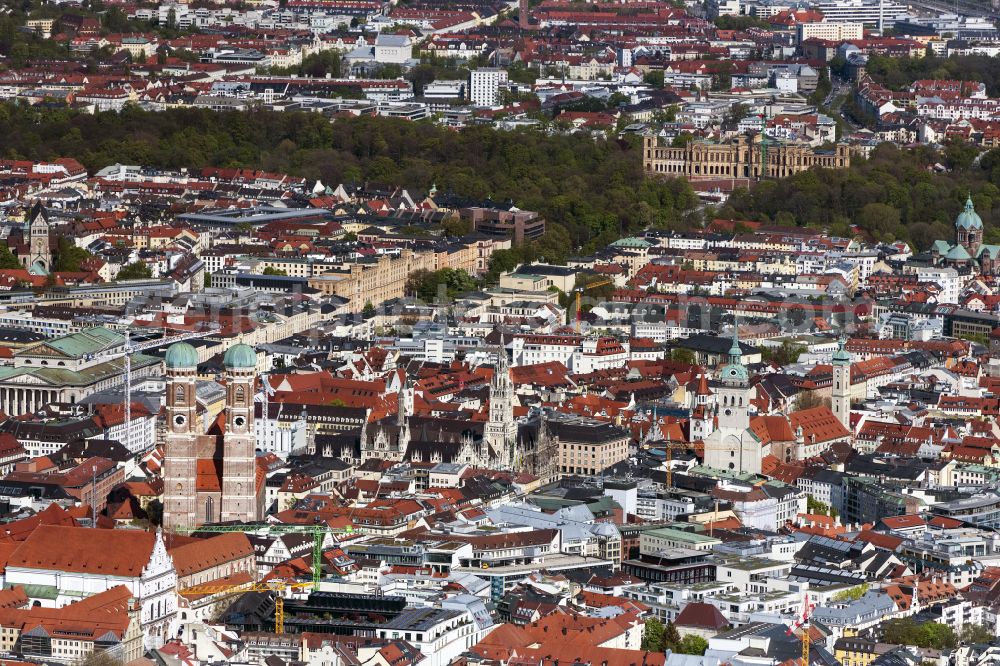 München from above - Old Town area and city center in Munich in the state Bavaria, Germany