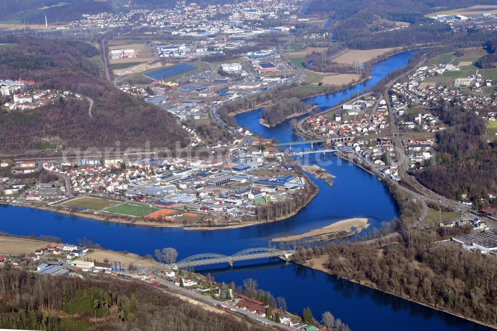 Waldshut-Tiengen from above - Industrial estate and company settlements Schmittenau and Hochrheinpark at the river Rhine in Waldshut-Tiengen in the state Baden-Wurttemberg, Germany. Looking over the estuary of river Aare into Rhine river at Koblenz, Switzerland