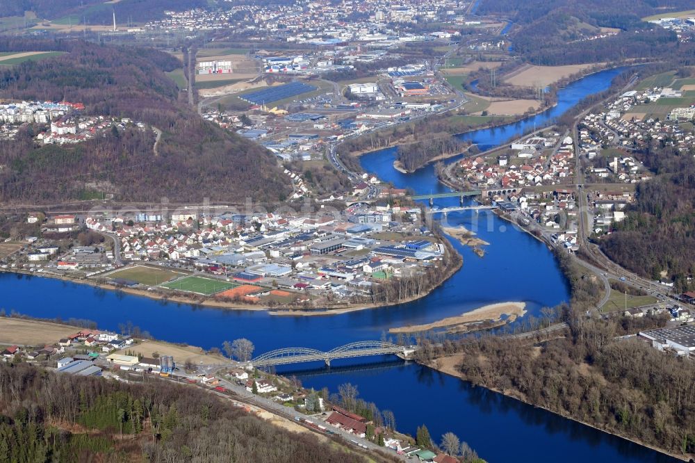 Waldshut-Tiengen from the bird's eye view: Industrial estate and company settlements Schmittenau and Hochrheinpark at the river Rhine in Waldshut-Tiengen in the state Baden-Wurttemberg, Germany. Looking over the estuary of river Aare into Rhine river at Koblenz, Switzerland