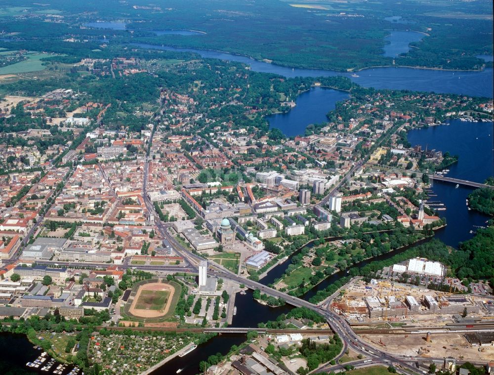 Aerial image Potsdam - View over the center of Potsdam with the Nikolai Church in the state of Brandenburg.Das stadium was demolished. There, now is the Lustgarten